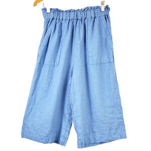 Len Ok Pants Womens Small 100% Linen Elastic Waist Wide Leg Crop Pockets Capri‎